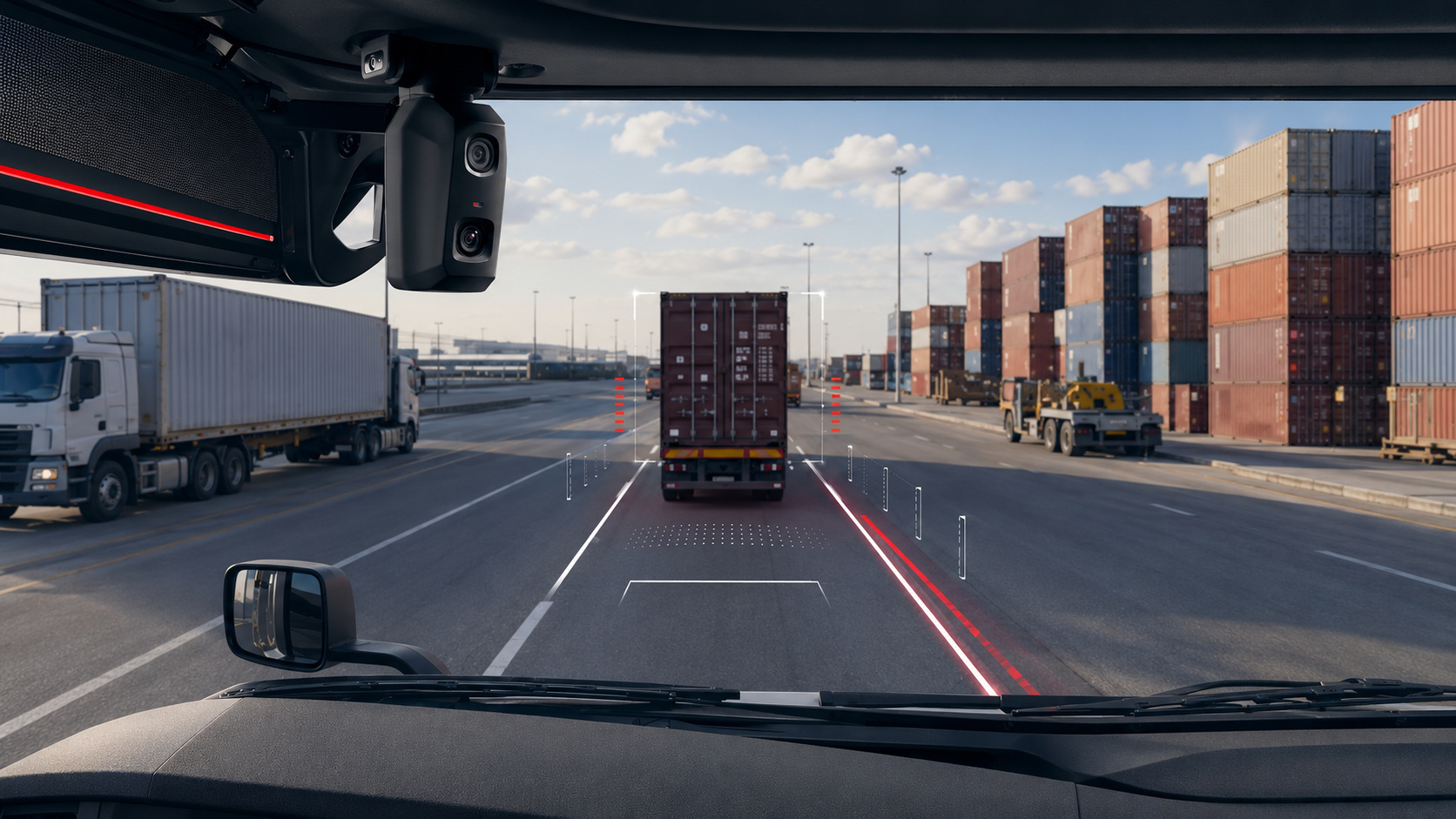 Dual-facing AI safety camera monitoring the road ahead from inside a commercial truck